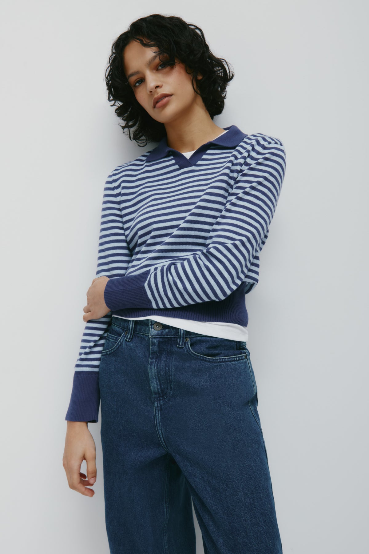 Women's Varsity Polo Sweater in Blue Aura/Dark Indigo Stripe