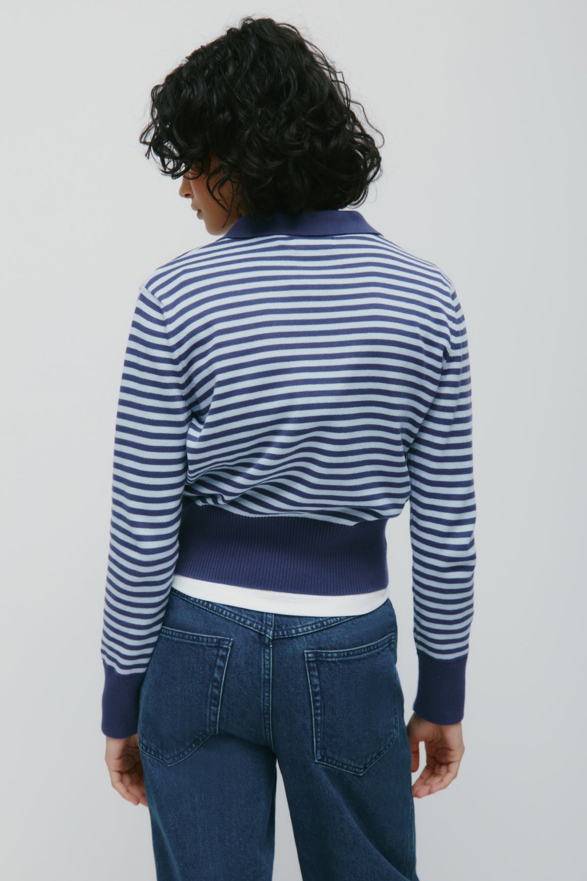 Women's Varsity Polo Sweater in Blue Aura/Dark Indigo Stripe