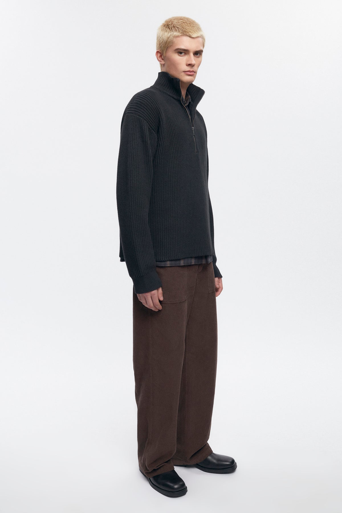 Pull à demi-zip côtelé pour homme en noir