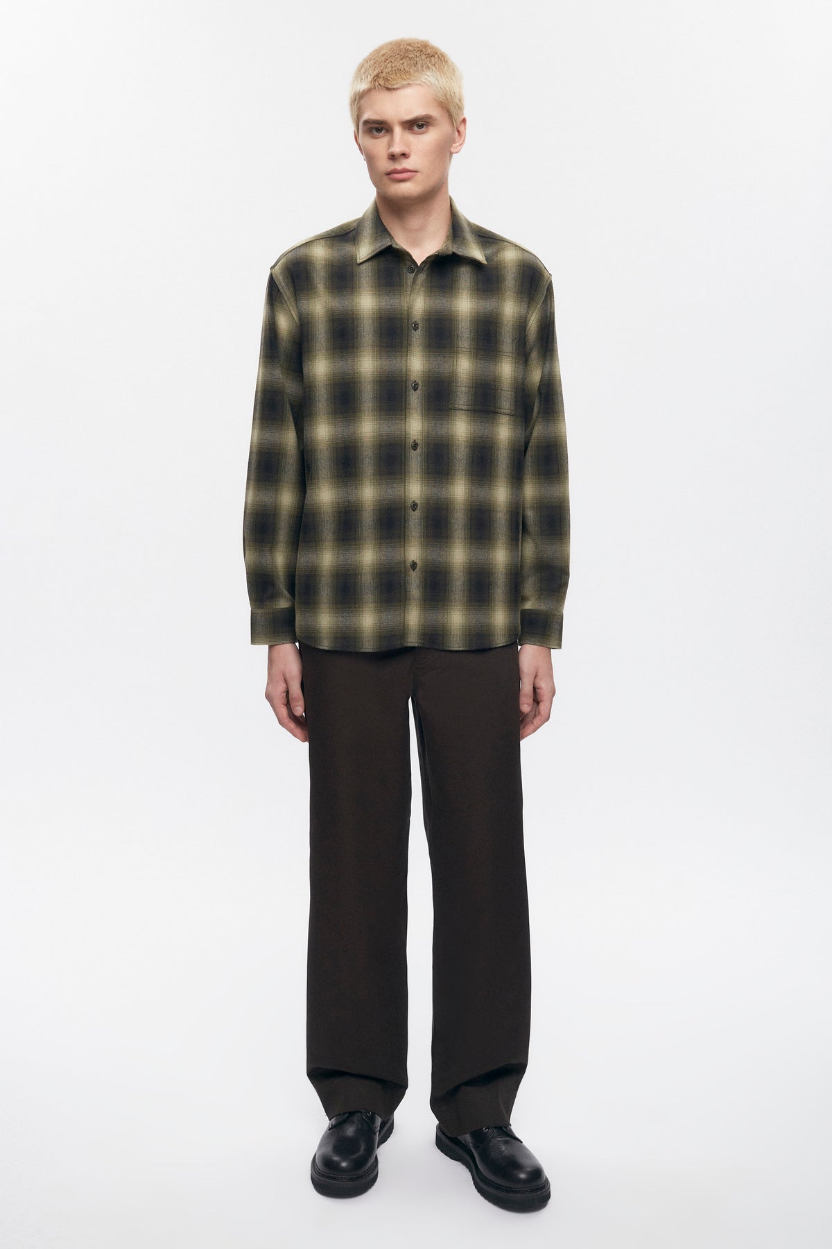 Men's Wool Flannel Shirt in Olive Plaid