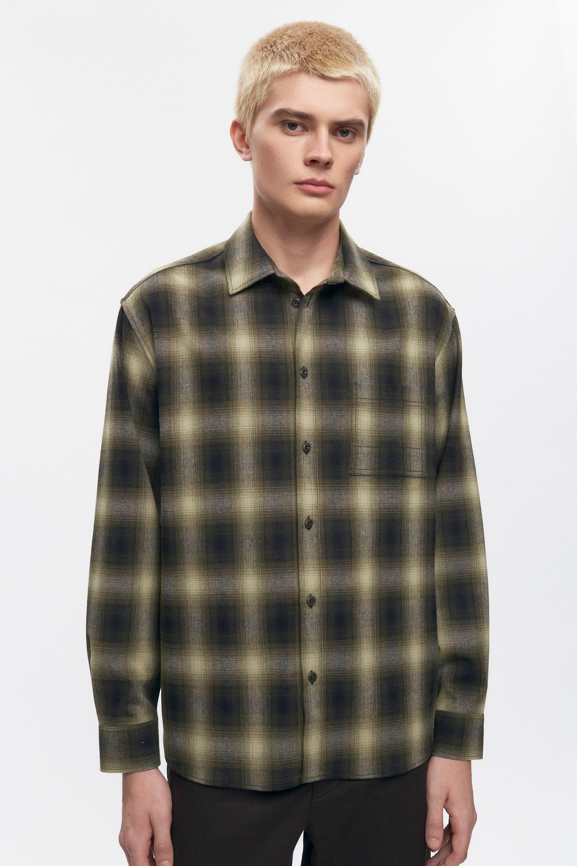 Men's Wool Flannel Shirt in Olive Plaid