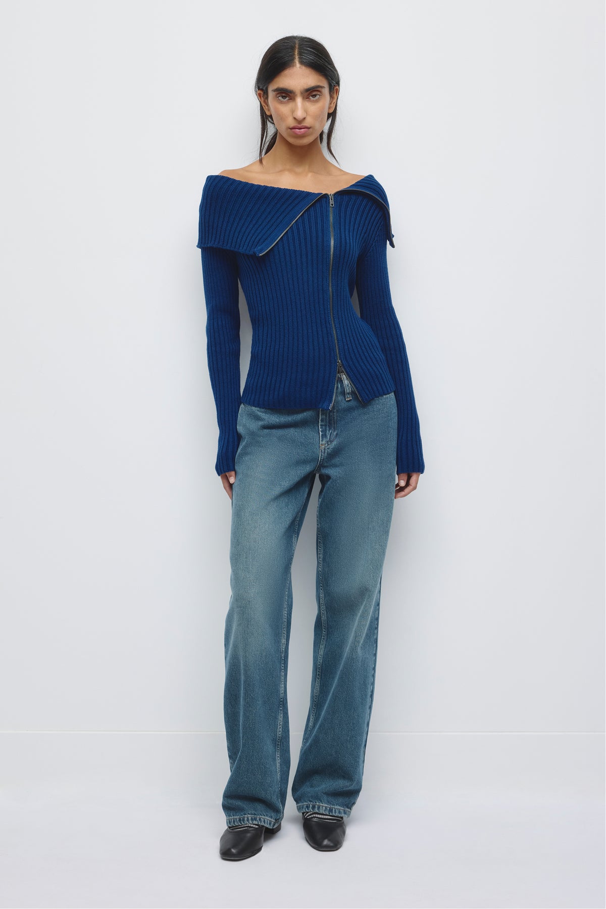 Women's Asymmetric Foldover Sweater in Pacific Blue