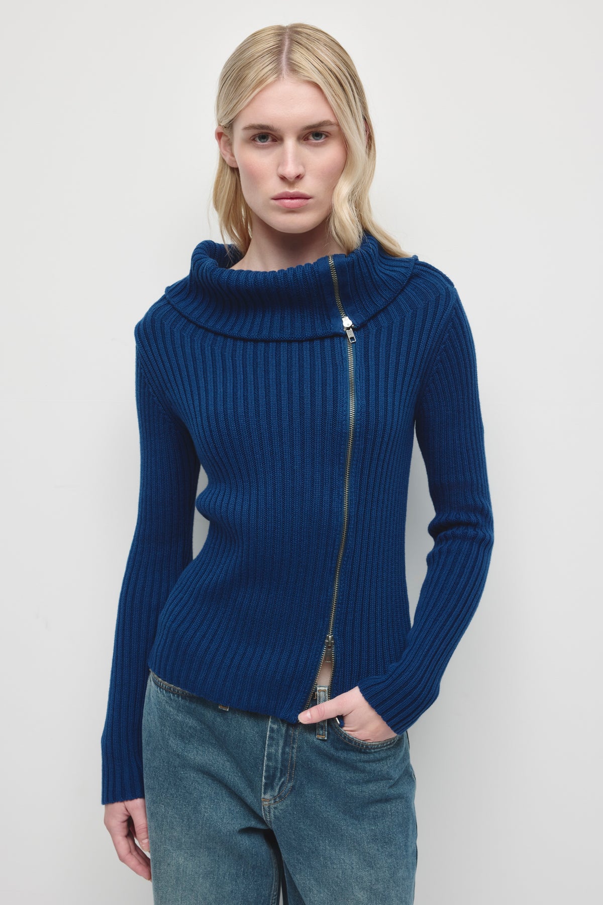 Women's Asymmetric Foldover Sweater in Pacific Blue