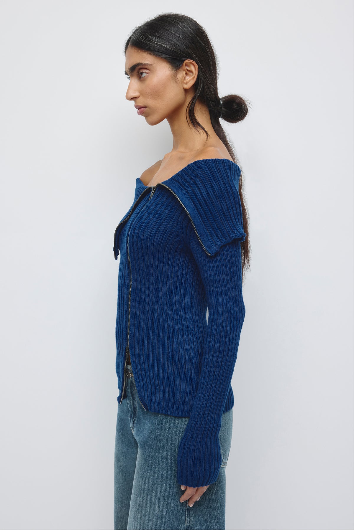 Women's Asymmetric Foldover Sweater in Pacific Blue
