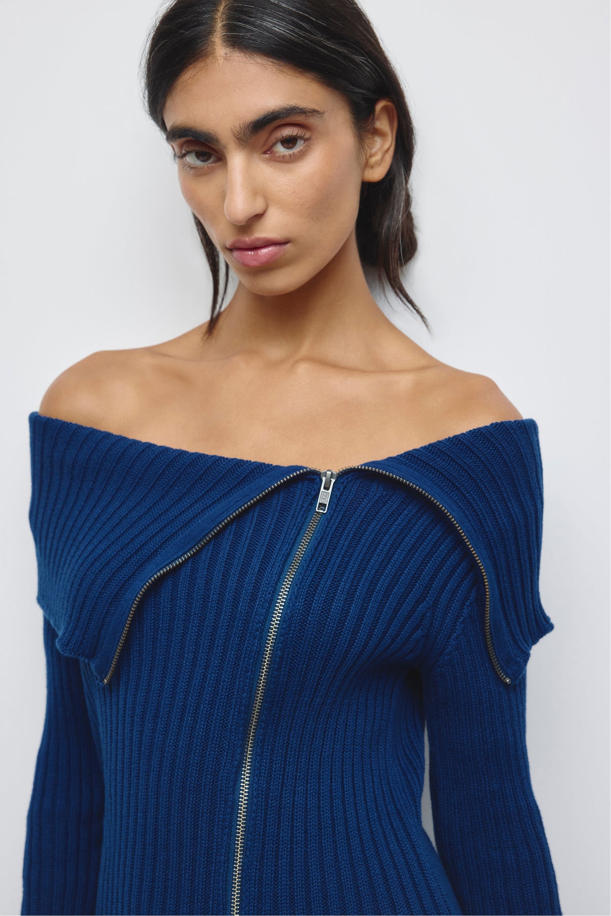 Women's Asymmetric Foldover Sweater in Pacific Blue