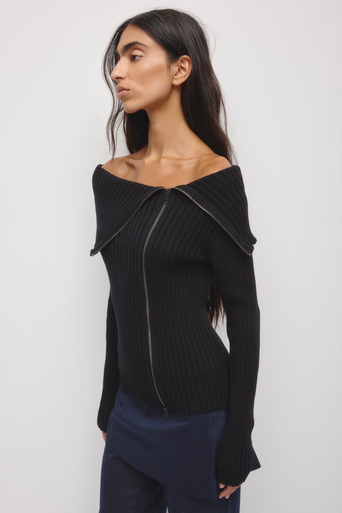 Women's Asymmetric Foldover Sweater in Black