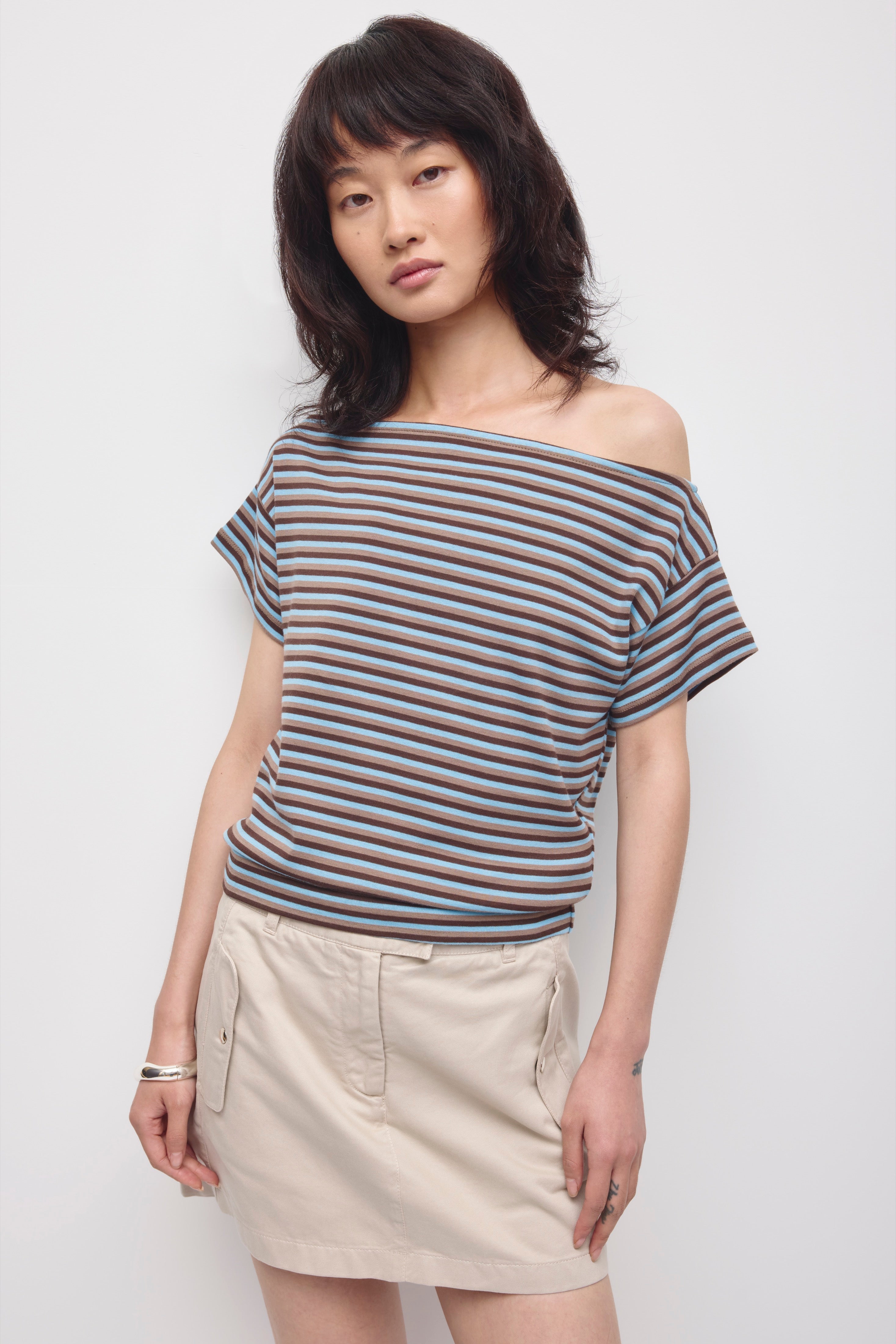 Women's Boatneck Banded Tee in Espresso/Taupe/Azure