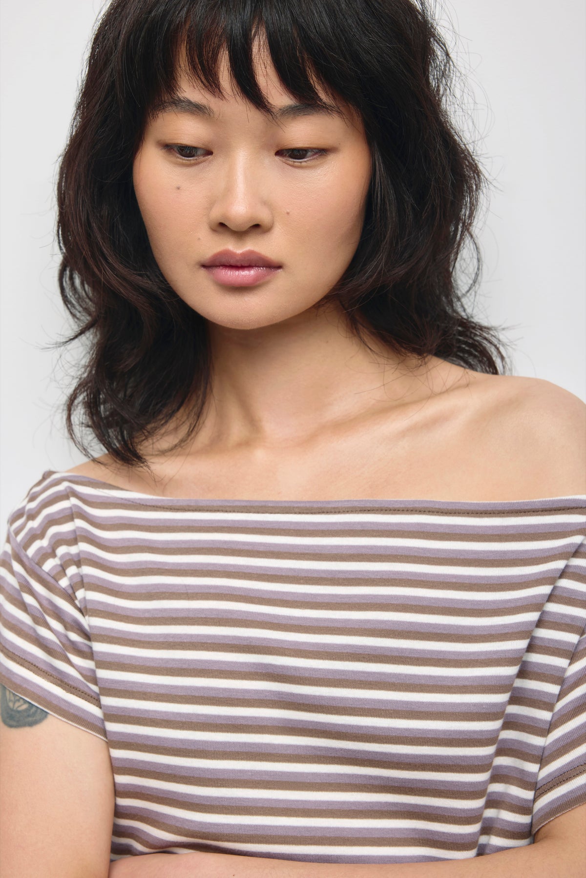 Women's Boatneck Banded Tee in Taupe/Dusty Grape/Marshmallow