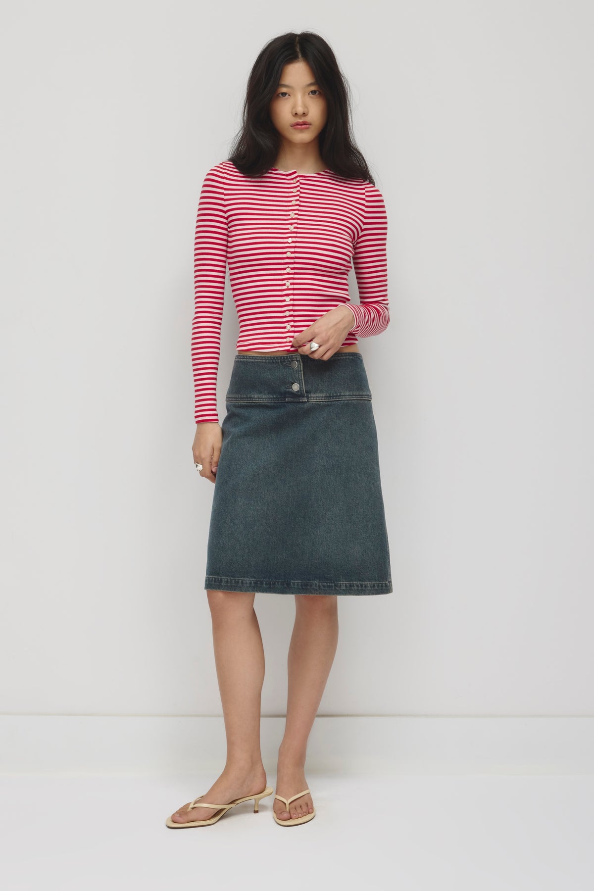 Women's Crew Neck Cardigan in Pink Frost/Salsa Stripe