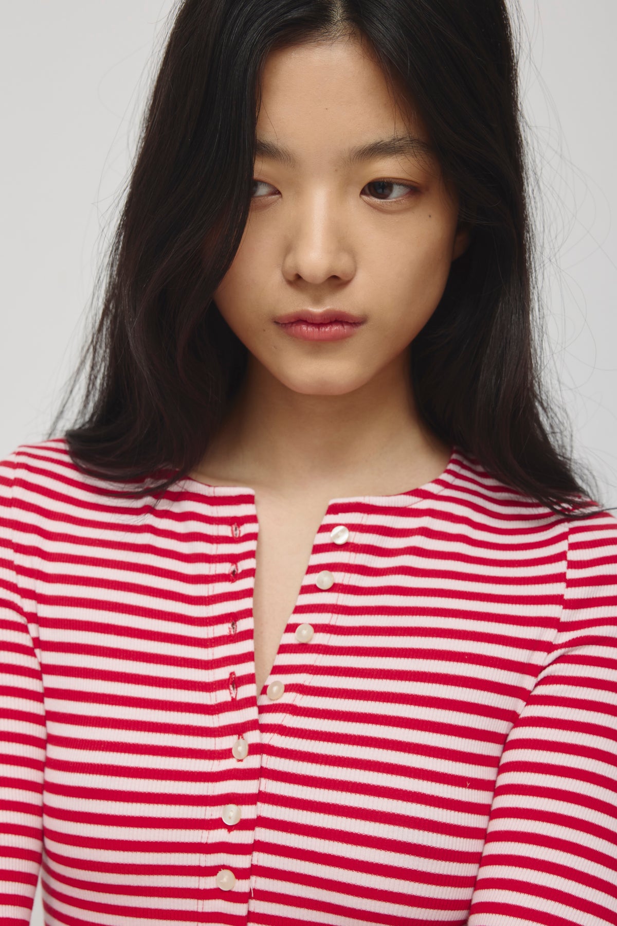 Women's Crew Neck Cardigan in Pink Frost/Salsa Stripe