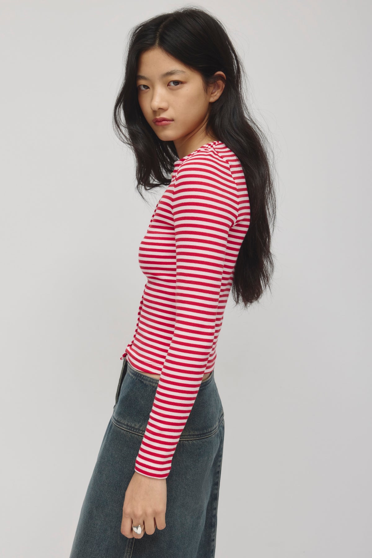 Women's Crew Neck Cardigan in Pink Frost/Salsa Stripe