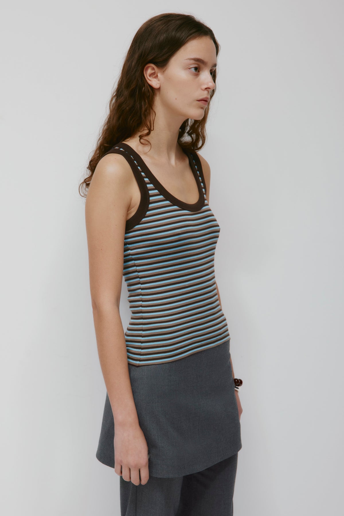 Women's Micro Rib Scoop Tank in Espresso/Taupe/Azure Stripe
