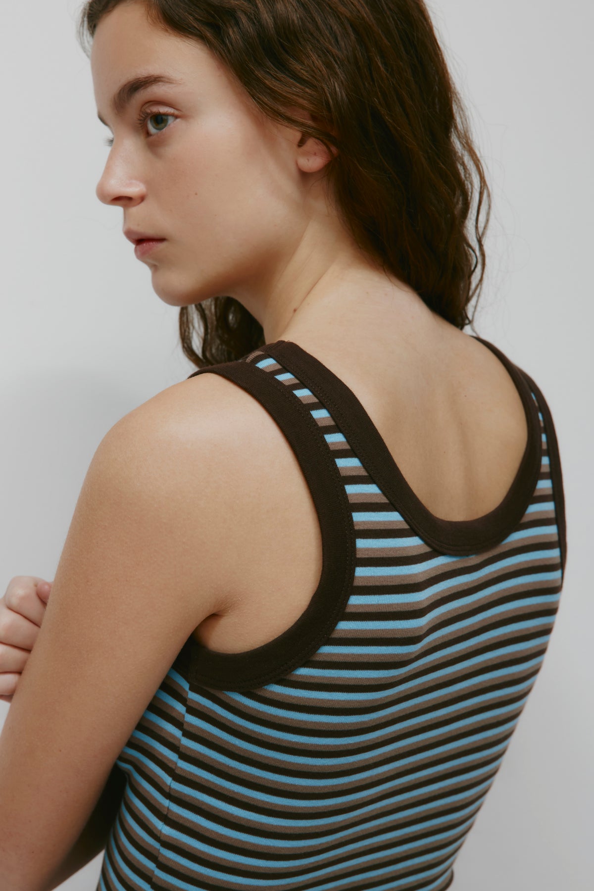 Women's Micro Rib Scoop Tank in Espresso/Taupe/Azure Stripe
