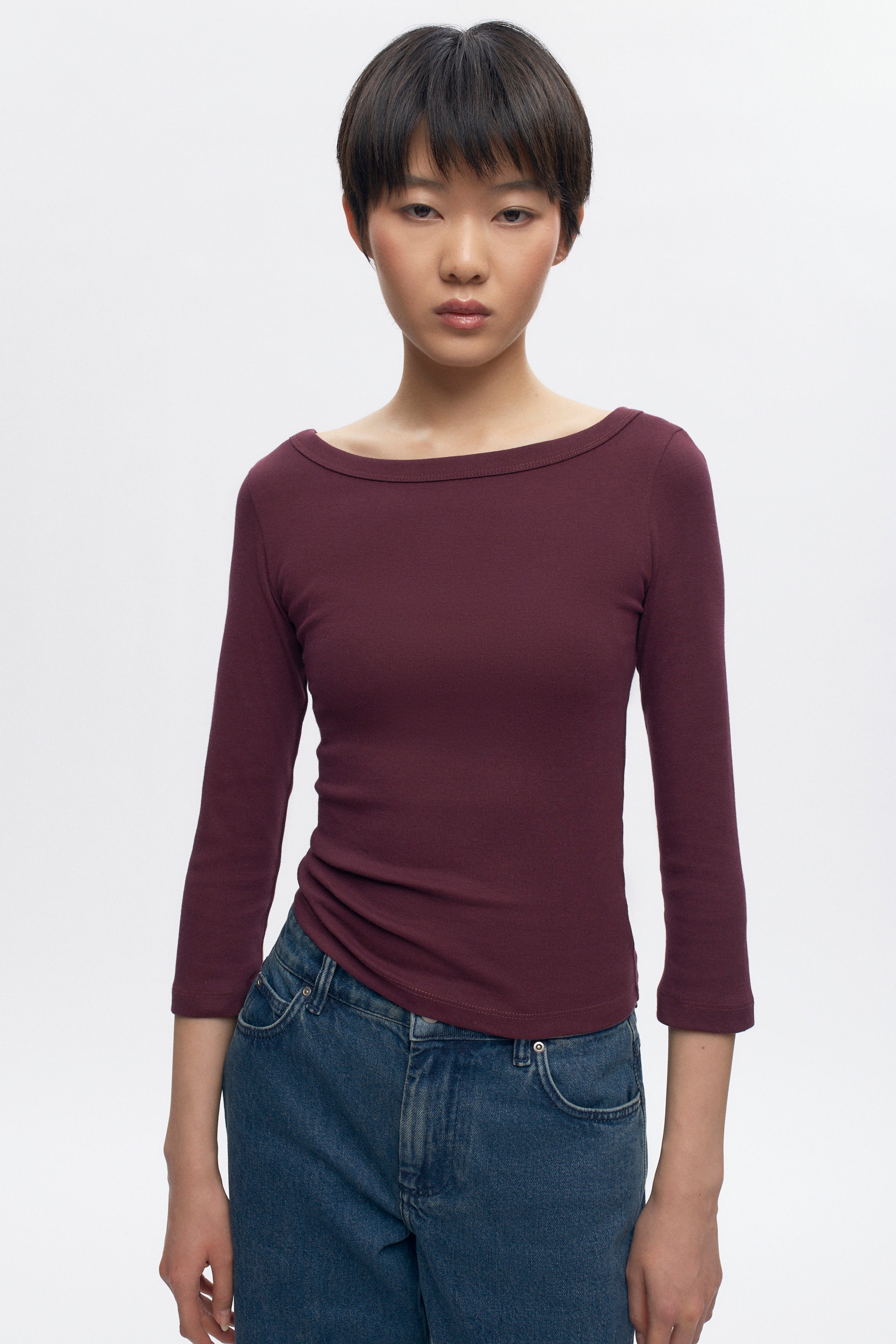 Haut à encolure bateau et manches 3/4 pour femme en prune