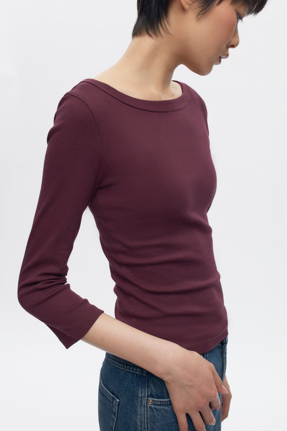 Haut à encolure bateau et manches 3/4 pour femme en prune