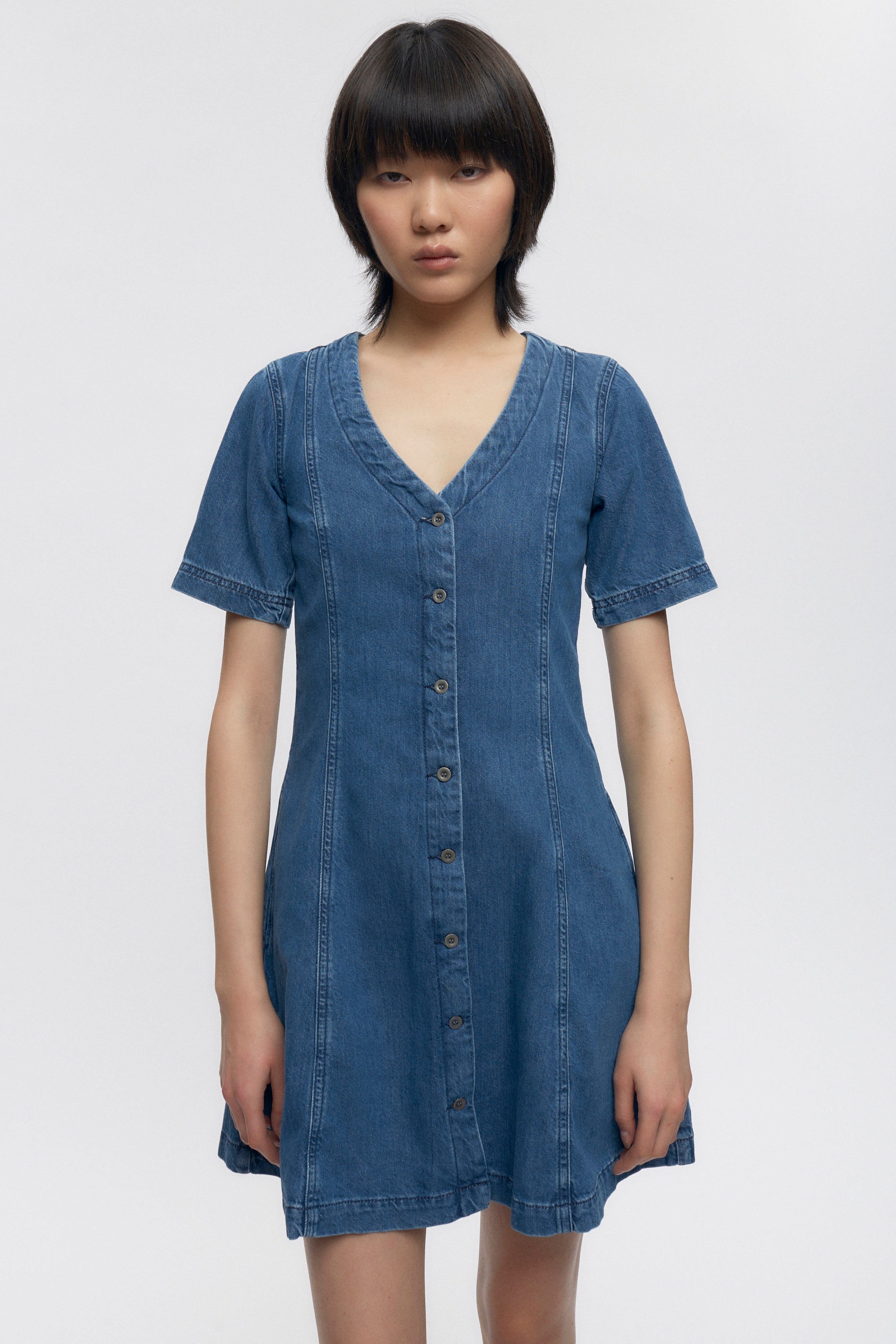 Women’s Buttoned Dress in Mid Wash