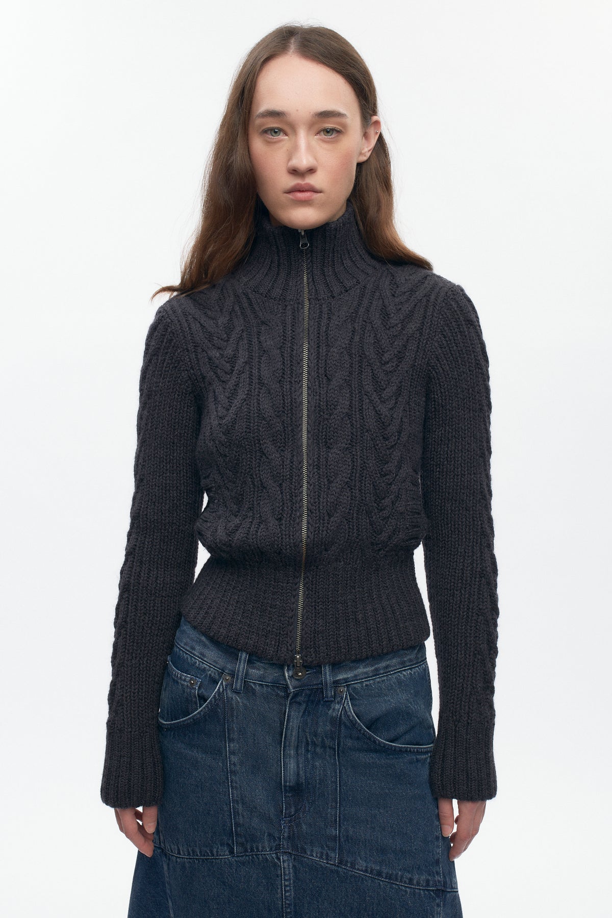 Pull à fermeture éclair et torsades pour femme en anthracite foncé
