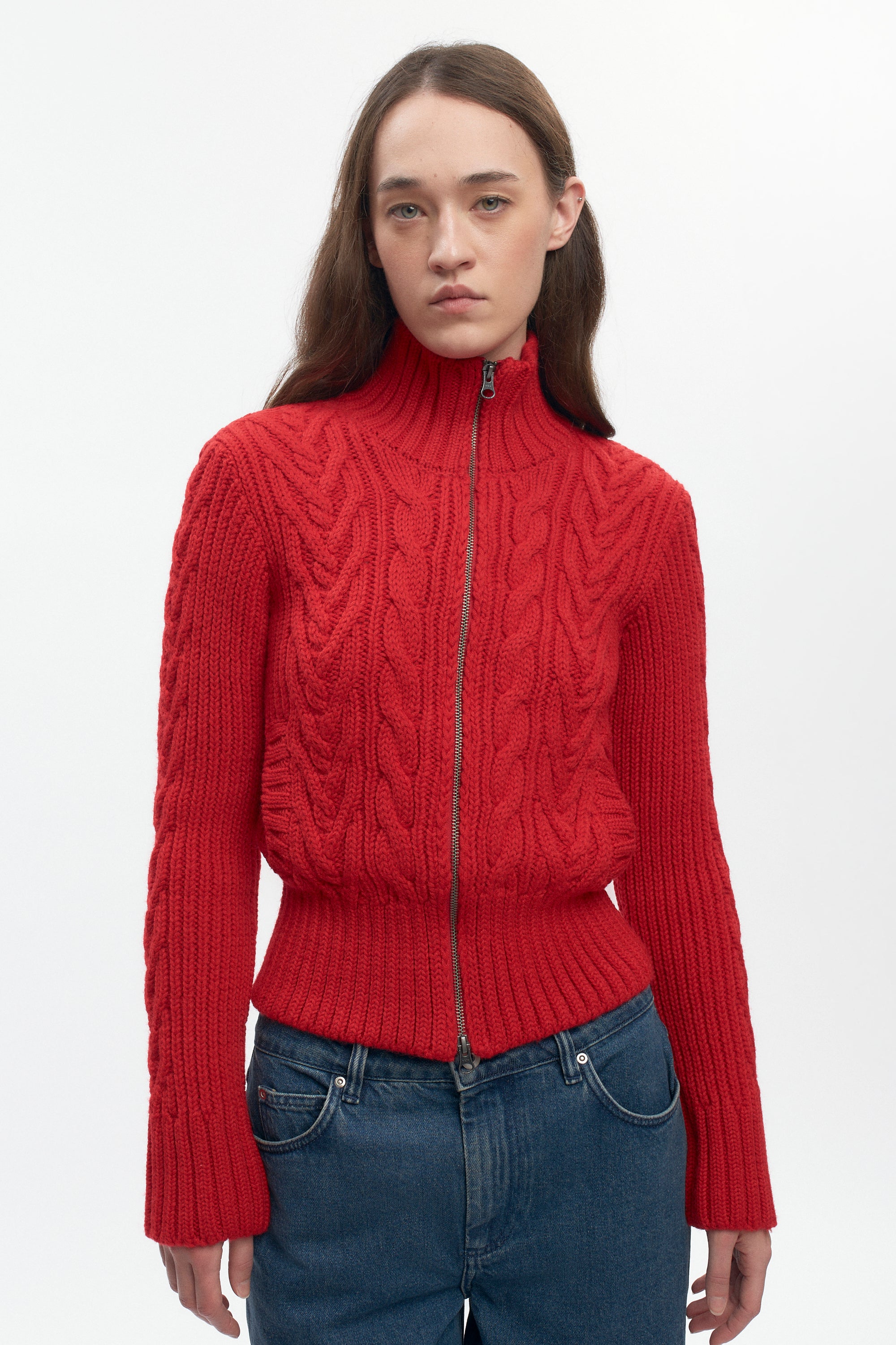 Women's Cable Zip Sweater in Fiery Red