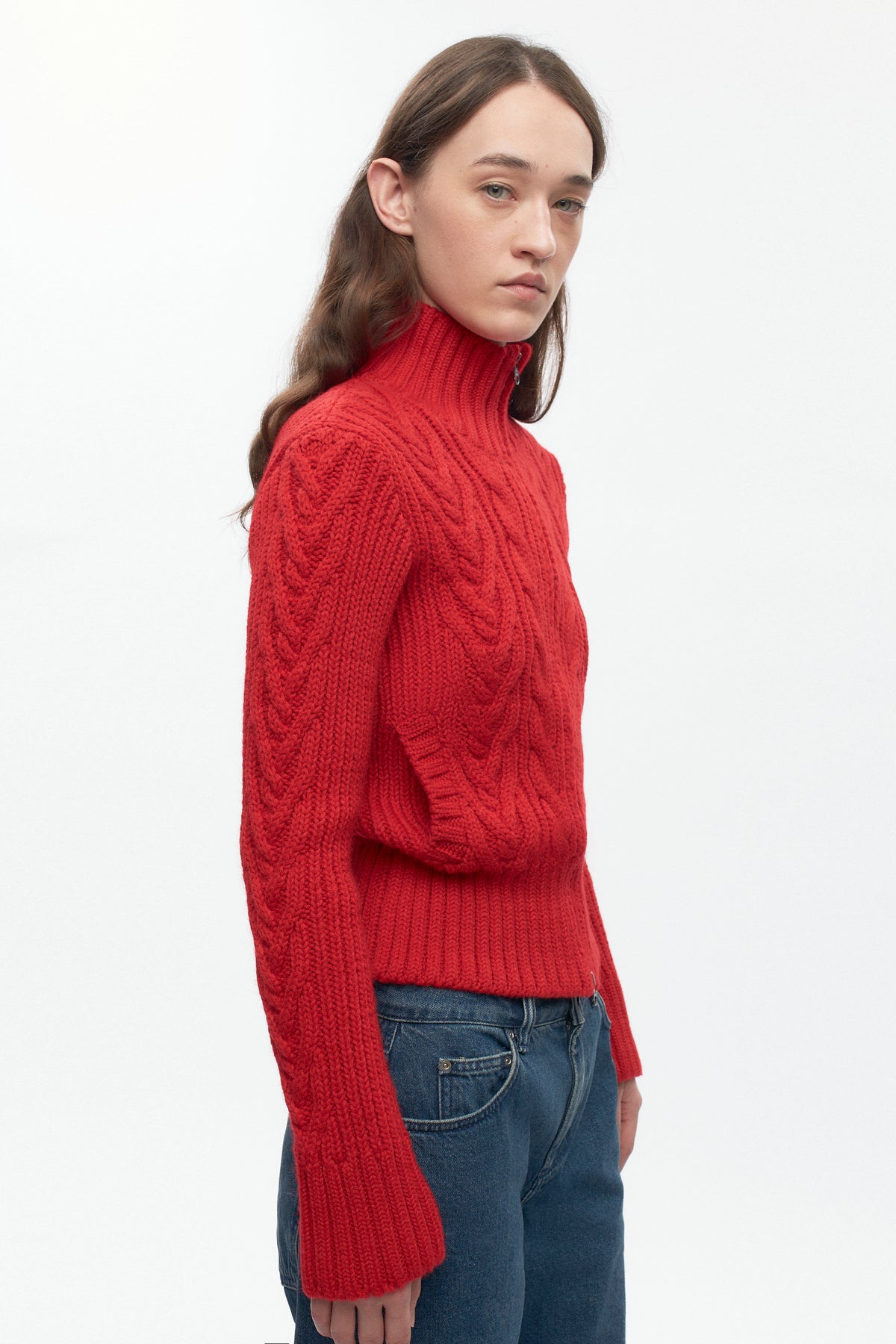 Women's Cable Zip Sweater in Fiery Red