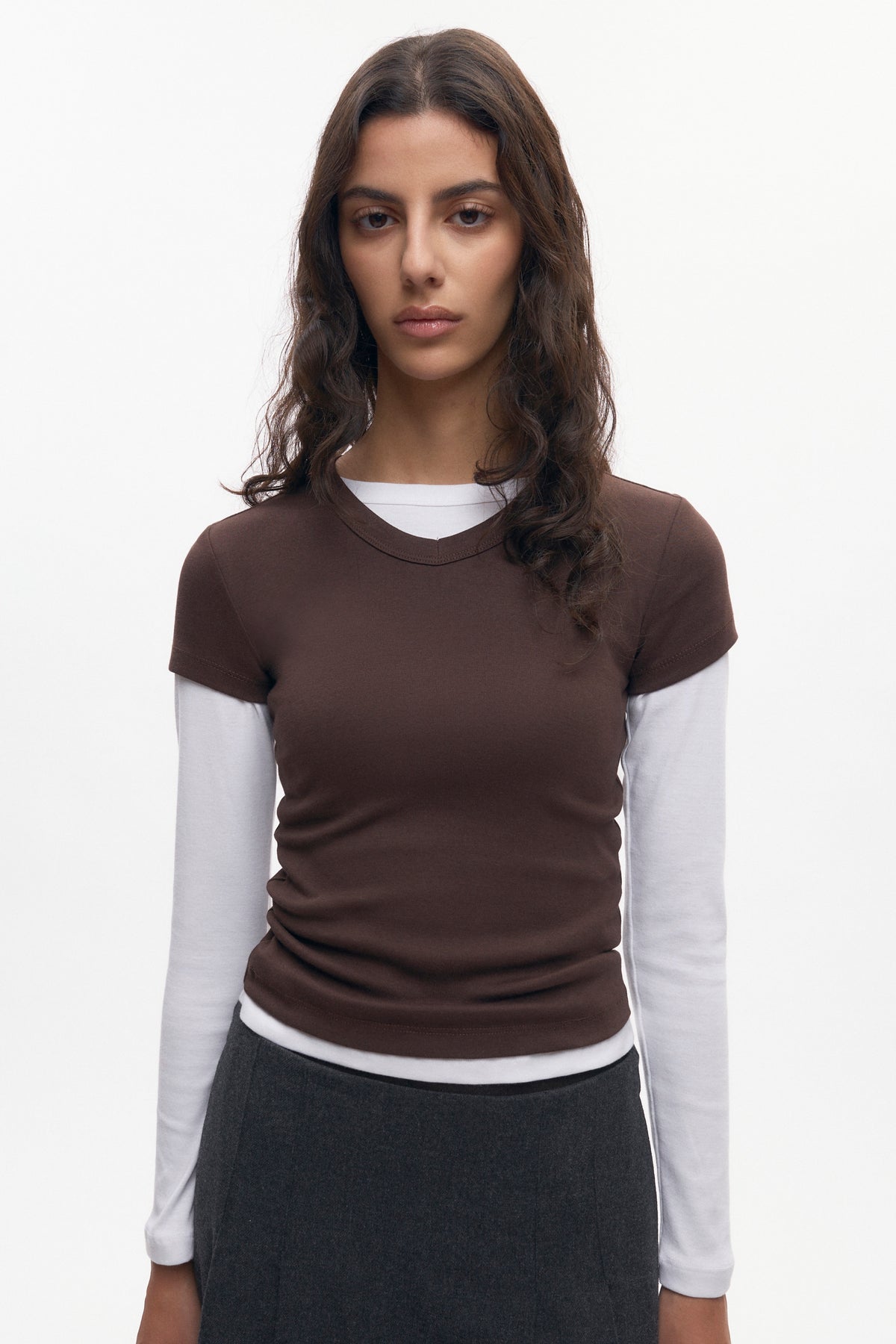 Women's High V-neck Tee in Coffee Bean