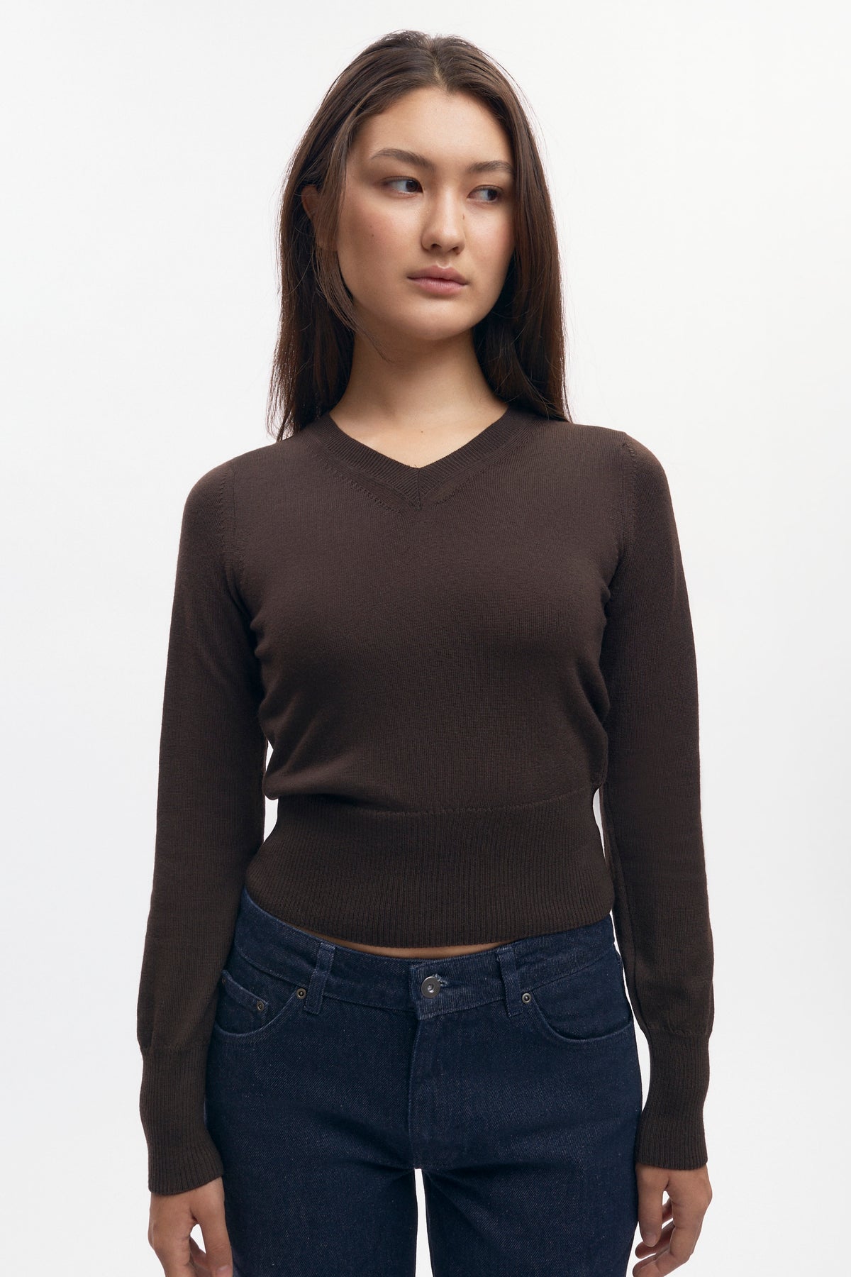 Women's Merino V-neck Sweater in Coffee Bean