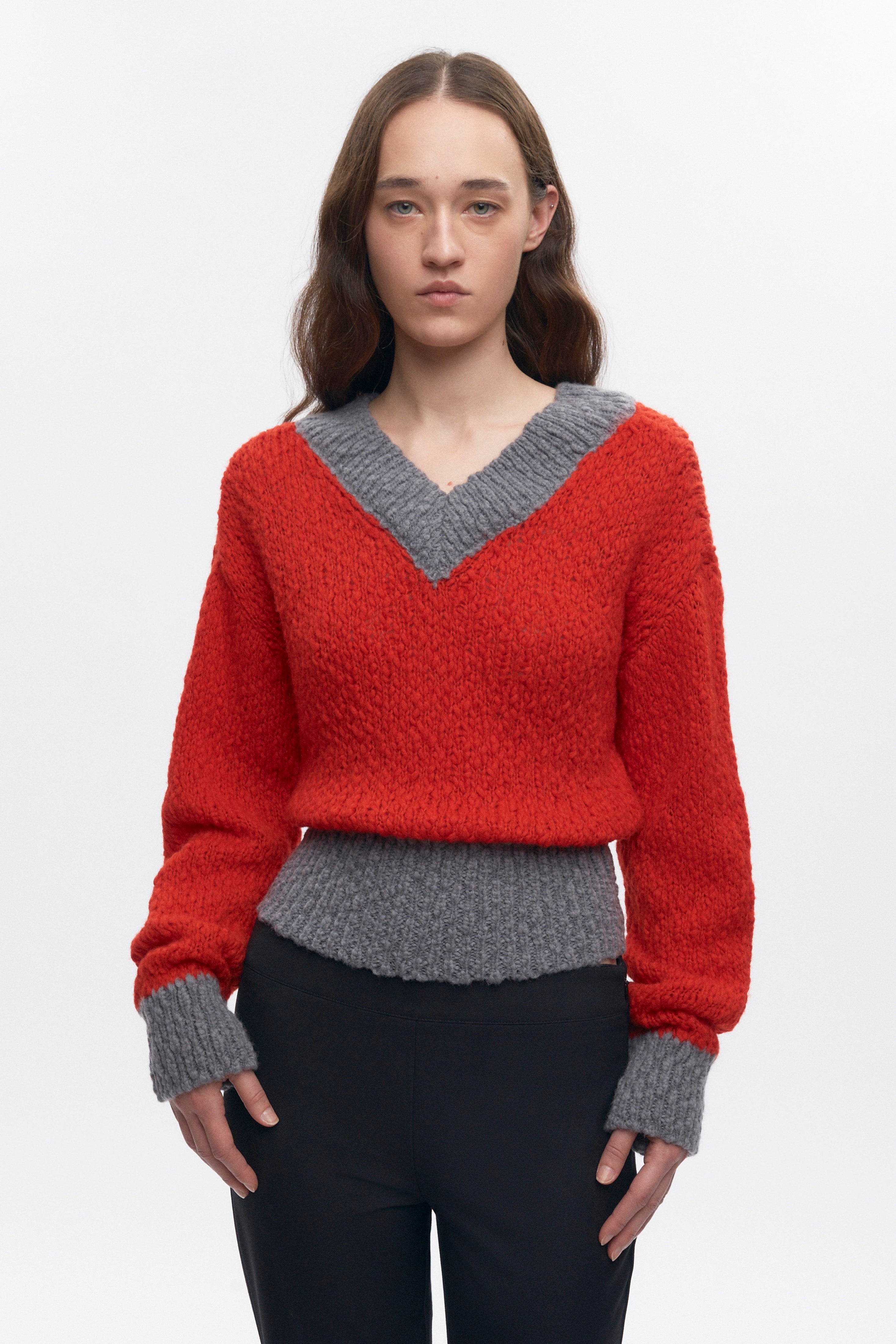 Women's Sia V-neck Sweater in Fiery Red/Medium Grey